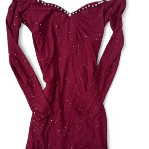 Sparkly burgundy off the shoulder mini dress with pearl details